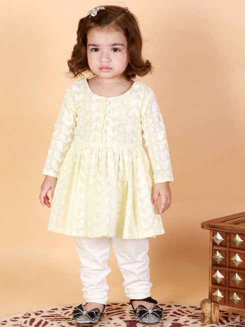 Vastramay SISHU Girl's Yellow And White Chikankari Kurta Leggings Set